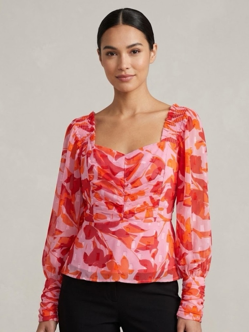 French Connection Romantic Floral Peplum Top Long Sleeve Dopamine Dressing Sz 10